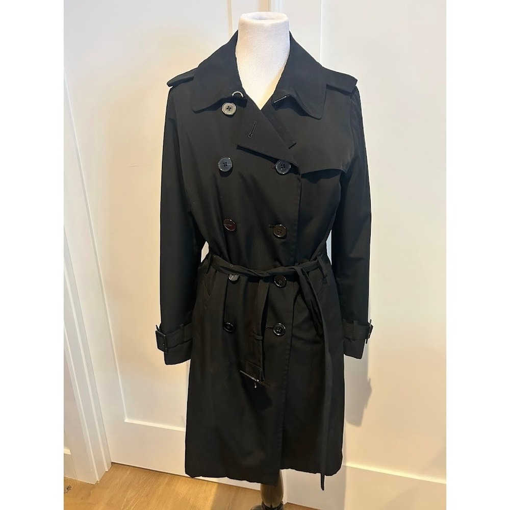 London Fog Womens Black Double Breasted Trench Coat Plaid Lining Size L Belted